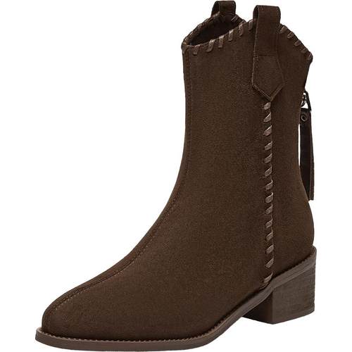 百思图2025冬商场新款V口绒面短靴粗跟女加绒短筒骑士靴F3015DZ5