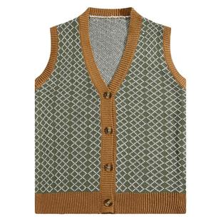 BOYUE帛跃V领宽松菱形格针织马甲男潮毛衣秋季高级感坎肩无袖背心