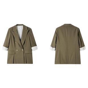 PIT绿色薄款条纹拼接短袖西装外套女2025夏英伦风职业西服上衣