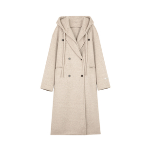 BLUEerror 全羊毛假两件显瘦连帽双面呢大衣女长款灰色呢子冬季