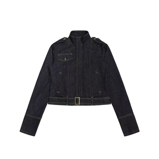 15GET 美式立领正肩短款腰带外套春款修身显瘦深蓝牛仔衣百搭女款