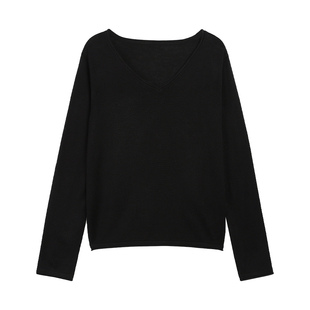 ousph【现货6折】V领打底内搭毛织衫女长袖新款宽松慵懒外穿上衣