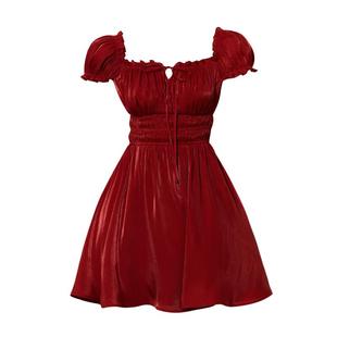 DPLAY2025年夏季新款红色连衣裙女短款回门服法式气质礼服裙子