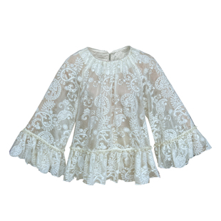 云雾缭绕云天丝棉腰果花拉毛刺绣圆领宽松透明罩衫喇叭袖米色上衣