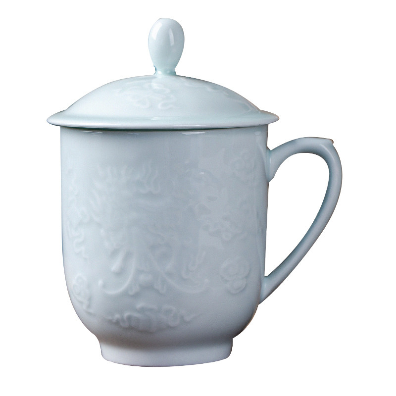 亮玉中式青瓷玲珑雕刻会议杯茶杯