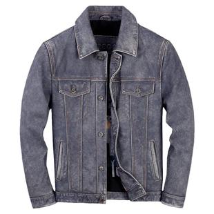 2025新款真皮皮衣男头层牛皮短款机车皮夹克复古做旧翻领牛仔外套