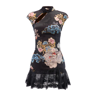 JYOSEI角色致敬经典重工新中式辣妹旗袍蕾丝裙摆镂空绑带连衣裙女