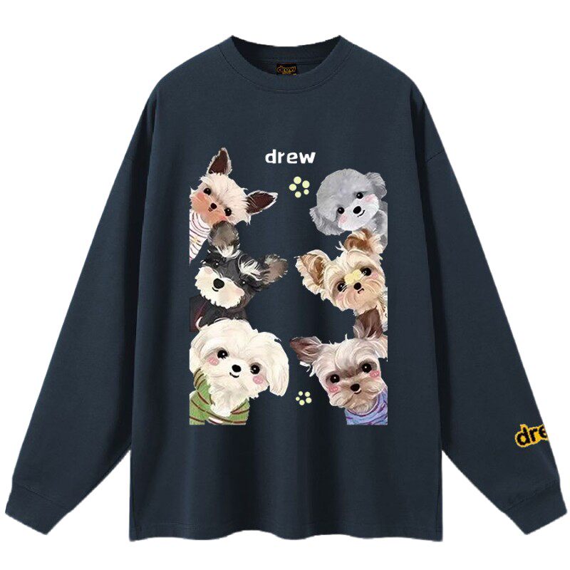 drew笑脸联名狗狗之家潮牌纯棉长袖衫卫衣ins美式秋冬情侣上衣T恤