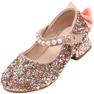 舞玛女童爱莎公主鞋2026新款春秋宝宝演出皮鞋高跟配礼服水晶儿童