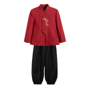 罗蒙男童秋冬套装2026新款儿童国风拜年服中大童红色新年加绒年服