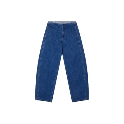 无腰头复古蓝色牛仔裤