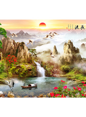 风水山水国画流水生财自粘墙贴