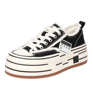 EBLAN/伊伴厚底增高帆布鞋女2025秋冬新款加绒保暖乞丐鞋休闲板鞋