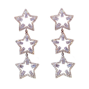 s925银针名媛满钻多个星星耳钉水钻长款耳环欧美夸张超仙耳坠女潮