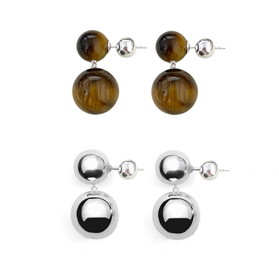 GGXR虎眼石双银球法式耳环耳夹