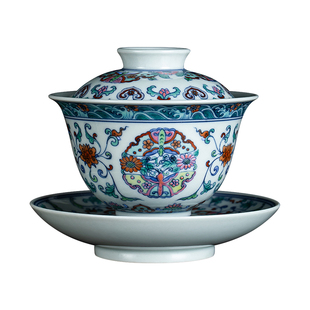钟家窑高档单个盖碗柴窑青花斗彩手绘团蝶纹陶瓷泡茶三才盖碗茶器