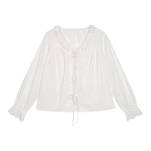 LLANO法式绑带刺绣衬衫复古荷叶领泡泡灯笼袖外搭上衣衬衣女秋季