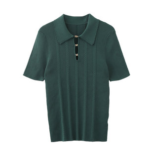 森系复古风黑绿色针织POLO衫短袖毛衣翻领上衣百搭显瘦减龄女