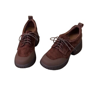 真皮版~复古英伦风厚底乐福鞋女2025新款系带粗跟增高休闲单鞋子