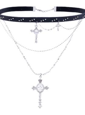 朋克星芒十字架项链叠戴酷锁骨链