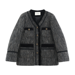 【浮迎】高级烟灰立体超长绵柔羊毛+95进口鹅绒小香毛呢羽绒服252