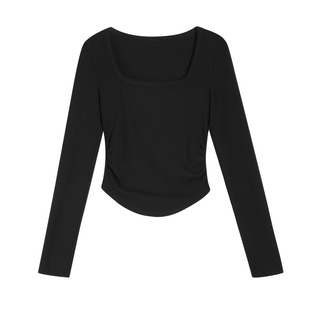 NEVA HU 魅力磁场 黑色方领长袖t恤女修身针织打底衫收腰显瘦上衣