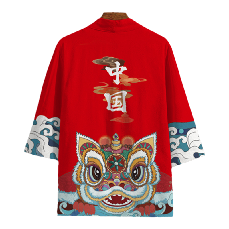 夏季薄款國(guó)潮醒獅道袍男士披風(fēng)襯衫外套大碼寬松衣服漢服國(guó)風(fēng)襯衫