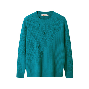 皮皮狗25秋冬新款手工钩花加厚绞花羊绒衫女宽松落肩复古菱形格纹