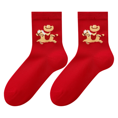 松山棉店鸿运小马福字抑菌中筒袜