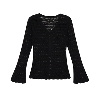 MULVAN 假期开衫|V领针织小衫女微喇袖夏海边度假风收腰镂空罩衫