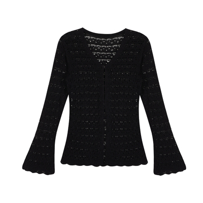 MULVAN 假期开衫|V领针织小衫女微喇袖夏海边度假风收腰镂空罩衫