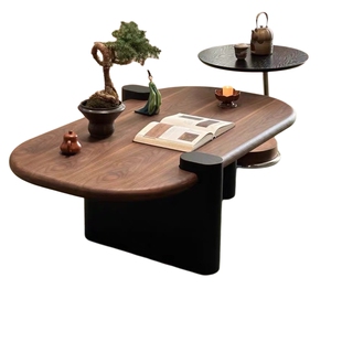 新款简约设计师中古风茶几组合小户型民宿椭圆实木茶桌客厅家用