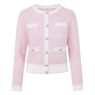 LIME莱茵年早春新款针织开衫粉白相间圆领甜美减龄名媛收腰上衣