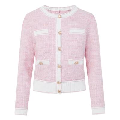 LIME莱茵粉白相间圆领针织开衫