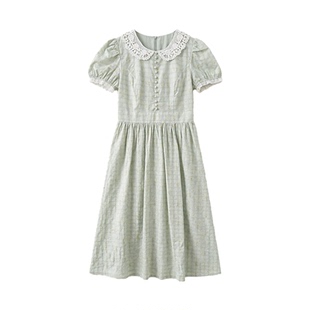 MOBAI默白【中古萝莉】法式复古花边领泡泡袖连衣裙女夏碎花长裙