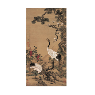 工笔画打印白描画稿高清玄关挂画沈铨《松梅双鹤》初学者临摹练习