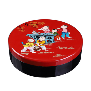 轻奢手绘喜庆果盘复古风枣生贵子干果盘中国风木质漆器糖果收纳盒