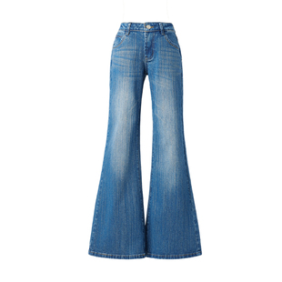 美式复古竹节纹微喇牛仔裤女2026春款低腰宽松日常显瘦拖地喇叭裤