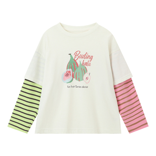 布丁哈鲁春装女童童装洋气上衣2026春季新款儿童撞色印花假两件