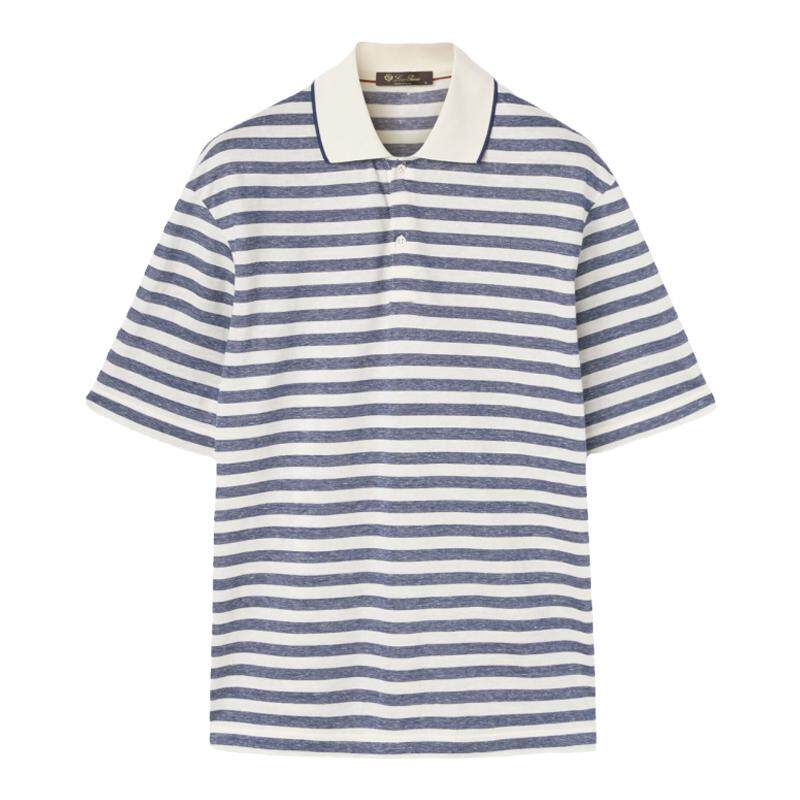 Loro Piana/诺悠翩雅男装棉质和亚麻混纺条纹图案宽松短袖Polo衫