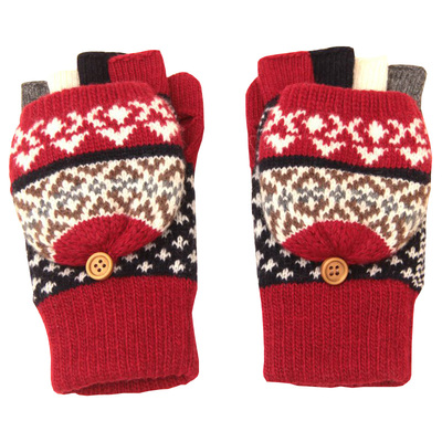 翻盖半指加绒加厚女羊毛针织手套