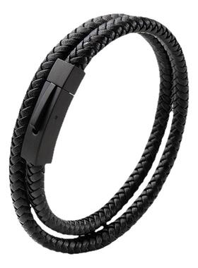 黑色编织皮绳手链男士复古真皮质手绳高级感双圈手环简约送男友潮