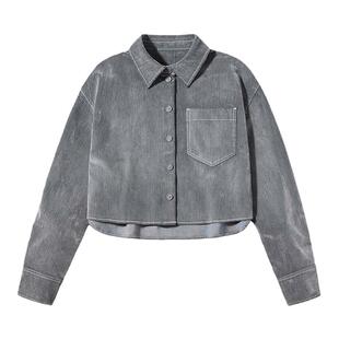 PSO Brand女装【WHITE系列】绒面翻领短款灰色牛仔外套宽松衬衫