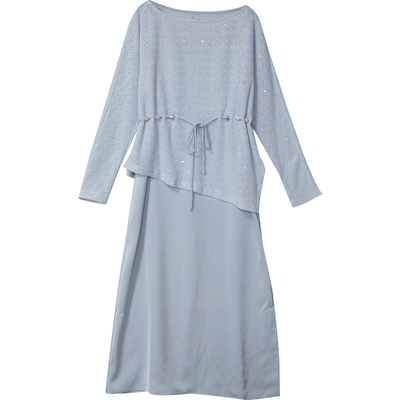 一字肩针织罩衫吊带裙两件套