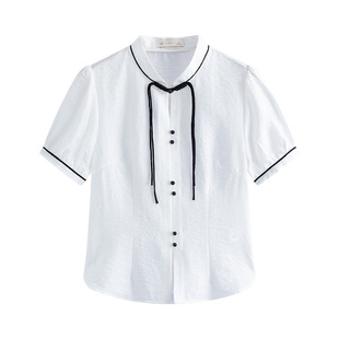 固执夏季新款新中式通勤流苏立领纯色短款泡泡袖衬衫女装上衣