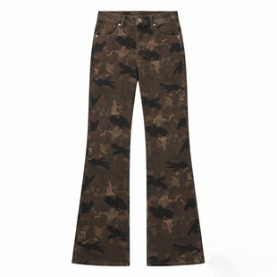 特大码女装复古美式迷彩色微喇牛仔裤女春季胖mm高腰显瘦喇叭裤子