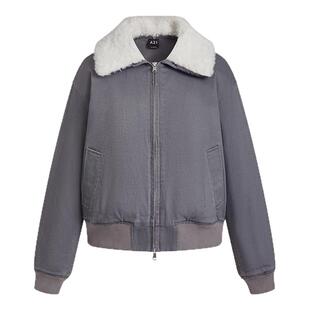 A21女装梭织合体翻领落肩开襟短棉服短款毛领保暖长袖棉衣外套