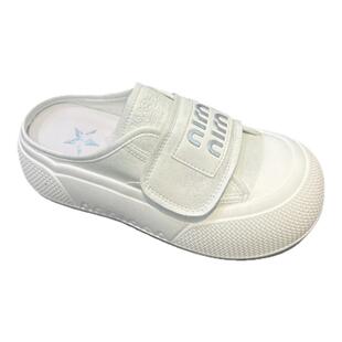 2025夏季真皮包头半拖鞋圆头厚底韩系小白鞋魔术贴懒人鞋一脚蹬潮