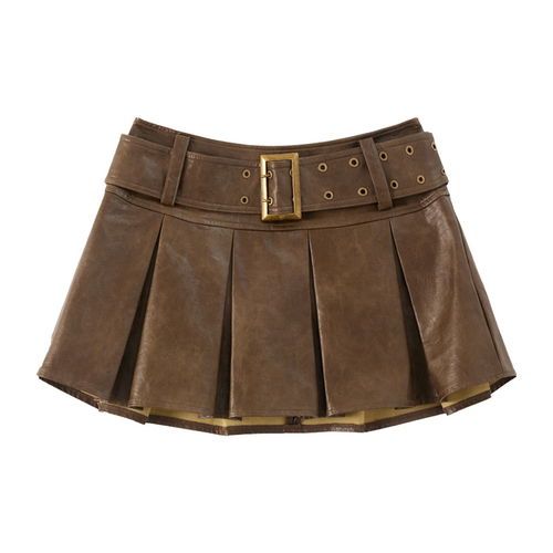 Vone SheeE 美式复古擦色皮裙百褶半身裙女辣妹短款a字裙2025新款