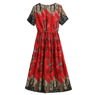 2026新款夏天高端棉绸沙滩裙中年气质妈妈连衣裙人造棉民族风长裙